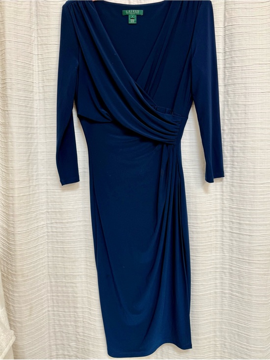 Ralph Lauren Dresses & Skirts - Ralph Lauren Navy Draped Wrap-Front Long Sleeve Midi Dress